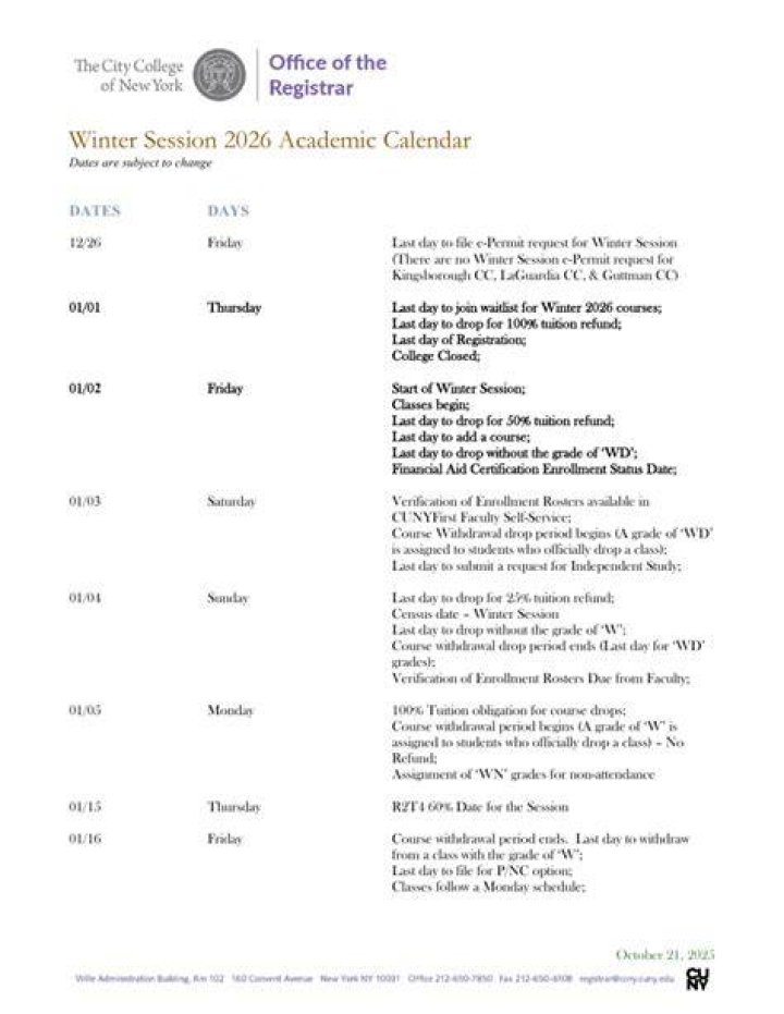 Complete Hunter CUNY Schedule: Fall, Winter, Summer Sessions